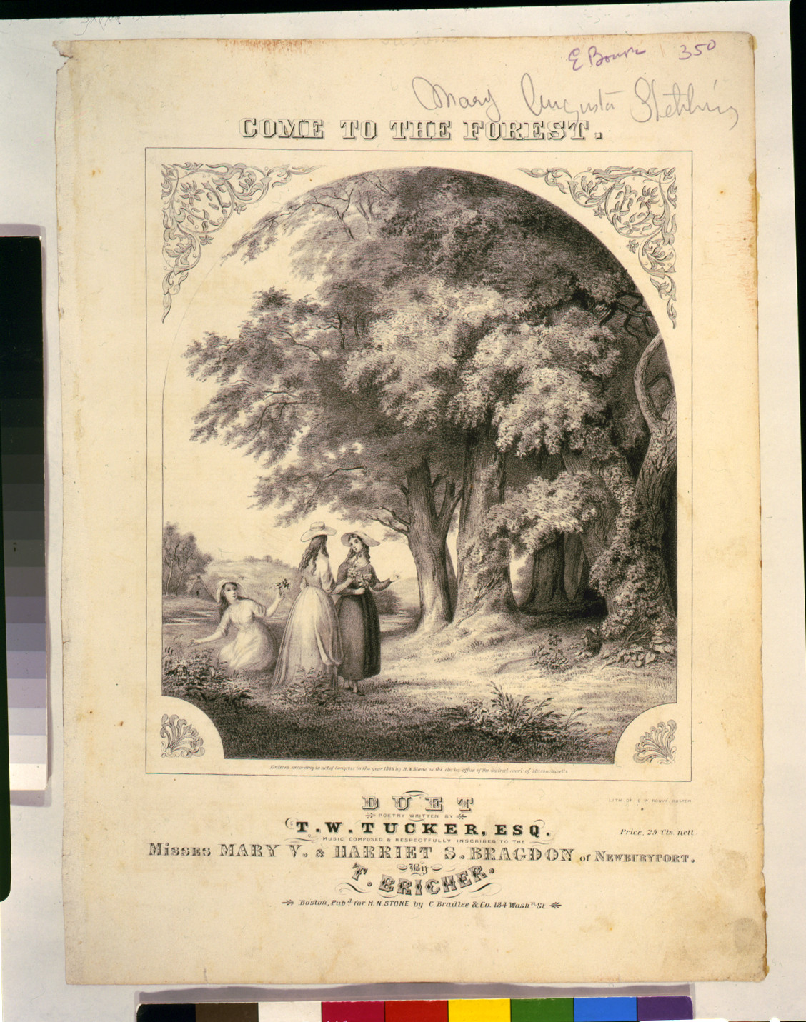 Come to the forest--Duet, poetry written by T.W. Tucker, Esq. Music composed & respectfully inscribed to the Misses Mary V. & Harriet S. Bragdon of Newburyport by T. Bricher / lith. of E.W. Bouvé, Boston., Boston : pubd. for H.N. Stone by C. Bradlee & Co., c1846. — antique lithograph