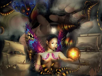 Fantasy woman with glowing orb, fractal wings and sailing ships