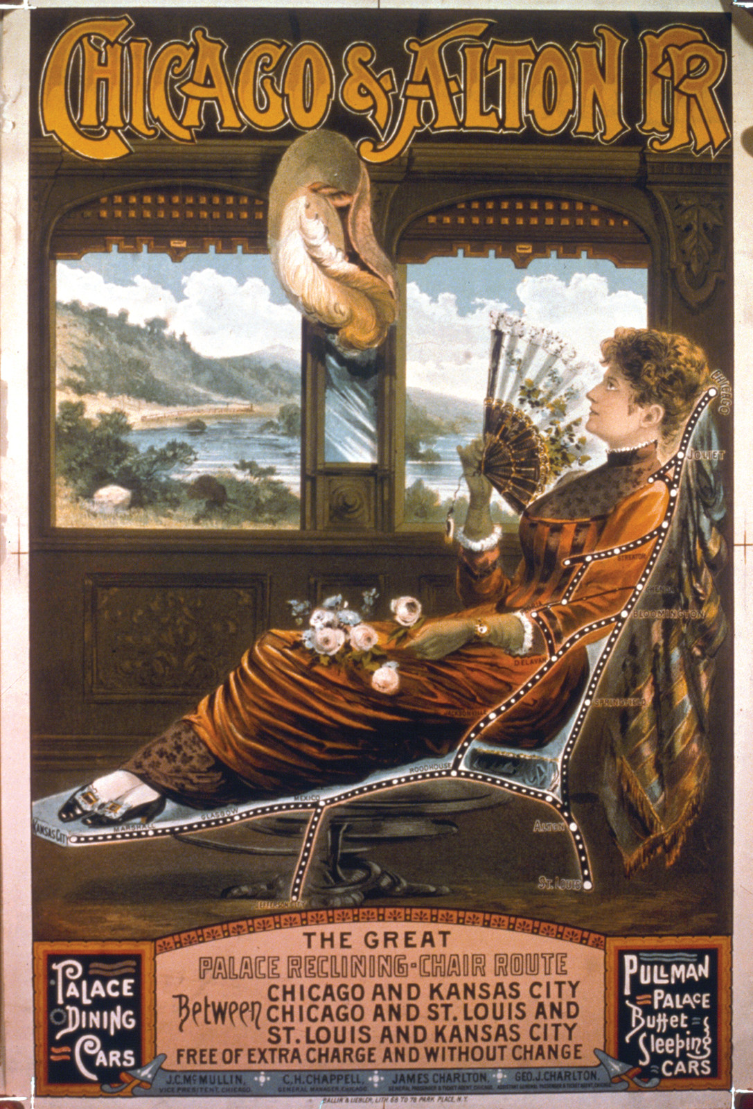 Chicago & Alton R.R.--The great palace reclining-chair route... / Ballin & Liebler, lith., N.Y., [between 1880 and 1900] — vintage poster