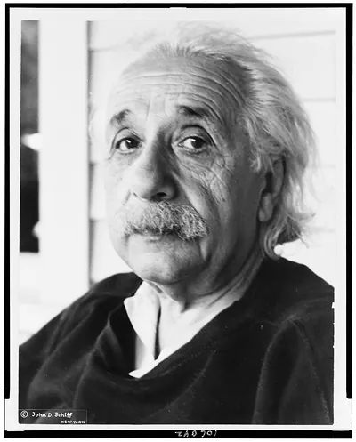 [Albert Einstein, head-and-shoulders portrait, facing left]