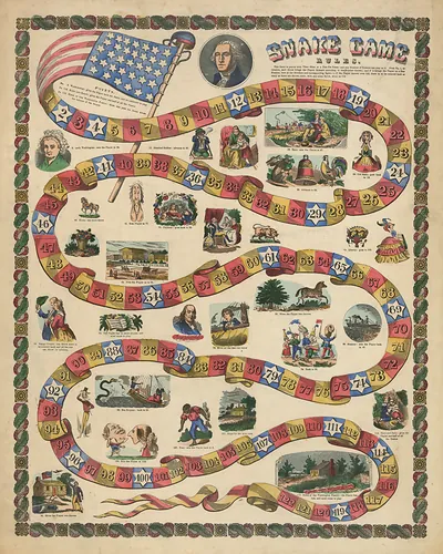 Snake Game board with rules and Washington portrait