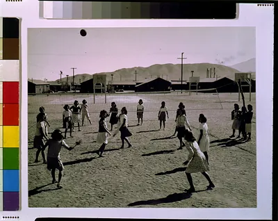 Vollyball, [i.e. volleyball] Manzanar Relocation Center, Calif. / photograph by Ansel Adams.