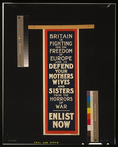 Britain is fighting for the freedom of Europe and to defend your mothers, wives, and sisters from the horrors of war. Enlist now / Printed by Straker Brothers Ltd., 194-200 Bishopsgate, London E.C.