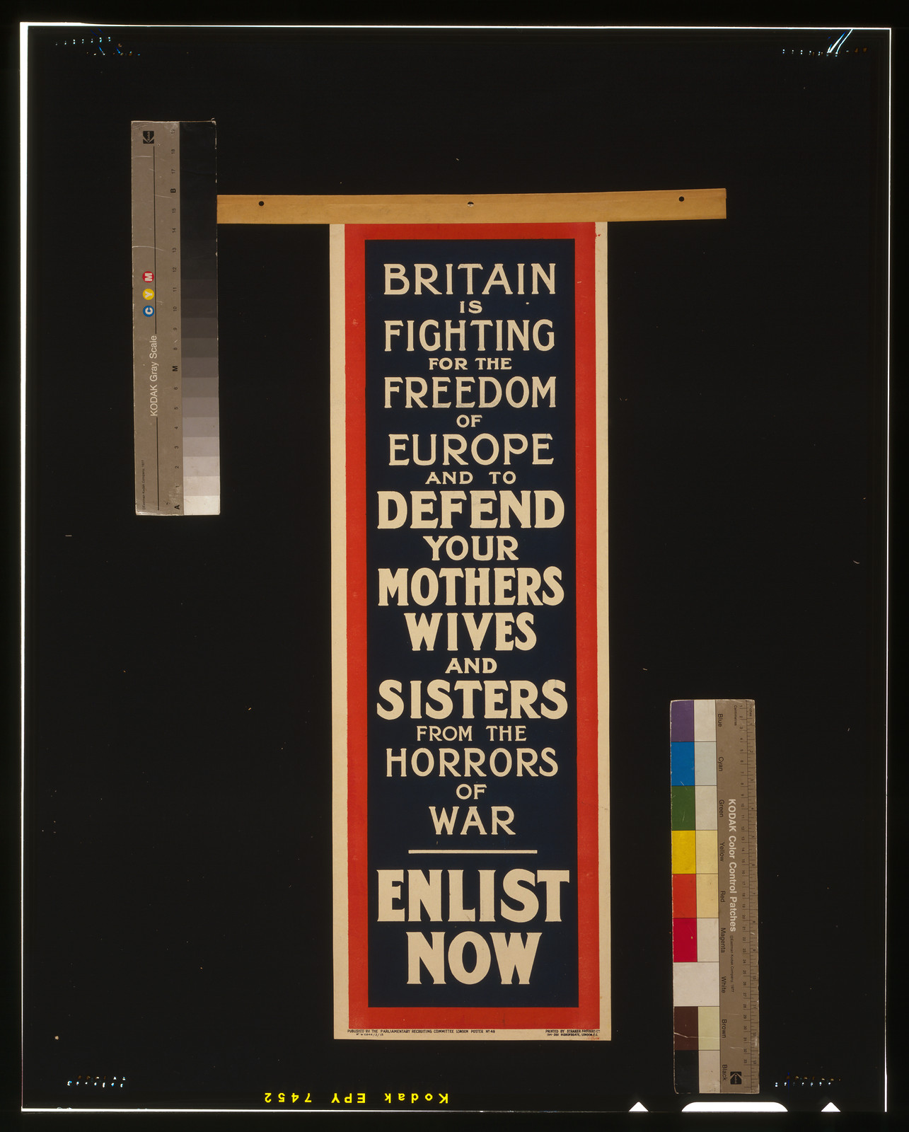 Britain is fighting for the freedom of Europe and to defend your mothers, wives, and sisters from the horrors of war. Enlist now / Printed by Straker Brothers Ltd., 194-200 Bishopsgate, London E.C., London : Parliamentary Recruiting Committee, [1915] — vintage poster