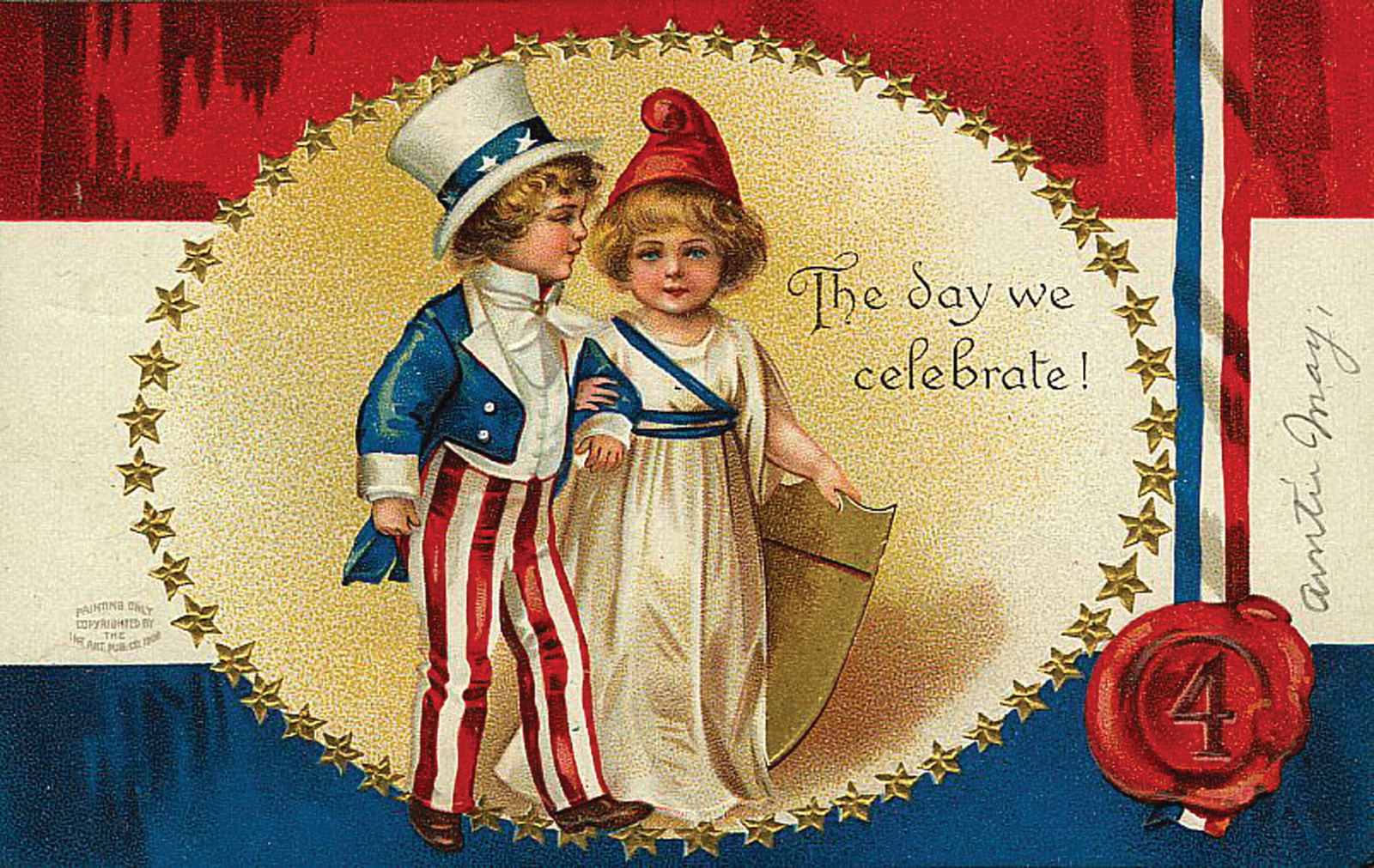 Children in Uncle Sam costume, "The day we celebrate!" Fourth of July postcard — vintage postcard