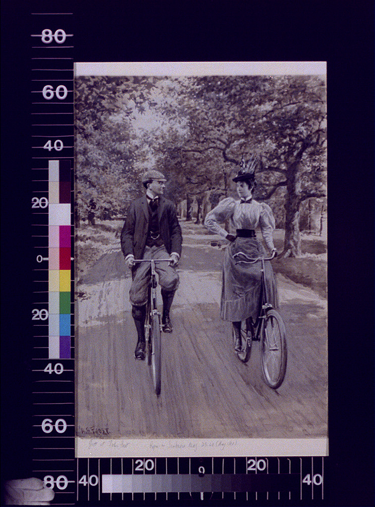 Man and woman cycling on a tree-lined road — historic image
