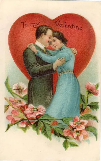 To my Valentine" postcard of a couple embracing before a red heart