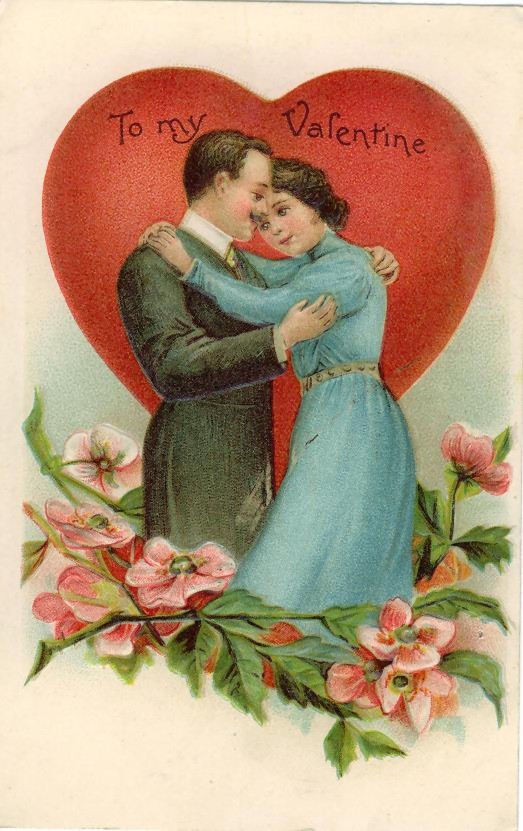 To my Valentine" postcard of a couple embracing before a red heart — vintage postcard