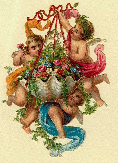 Cherubs holding a flower-filled shell basket with red ribbons