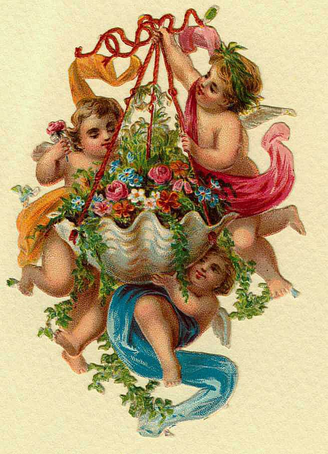 Cherubs holding a flower-filled shell basket with red ribbons — historic image
