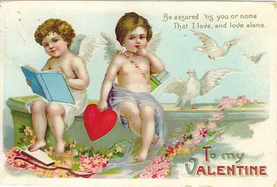 Valentine card with cherubs, doves and "To my Valentine