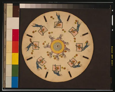 [Optical illusion disc with two men throwing and catching cakes and stars]