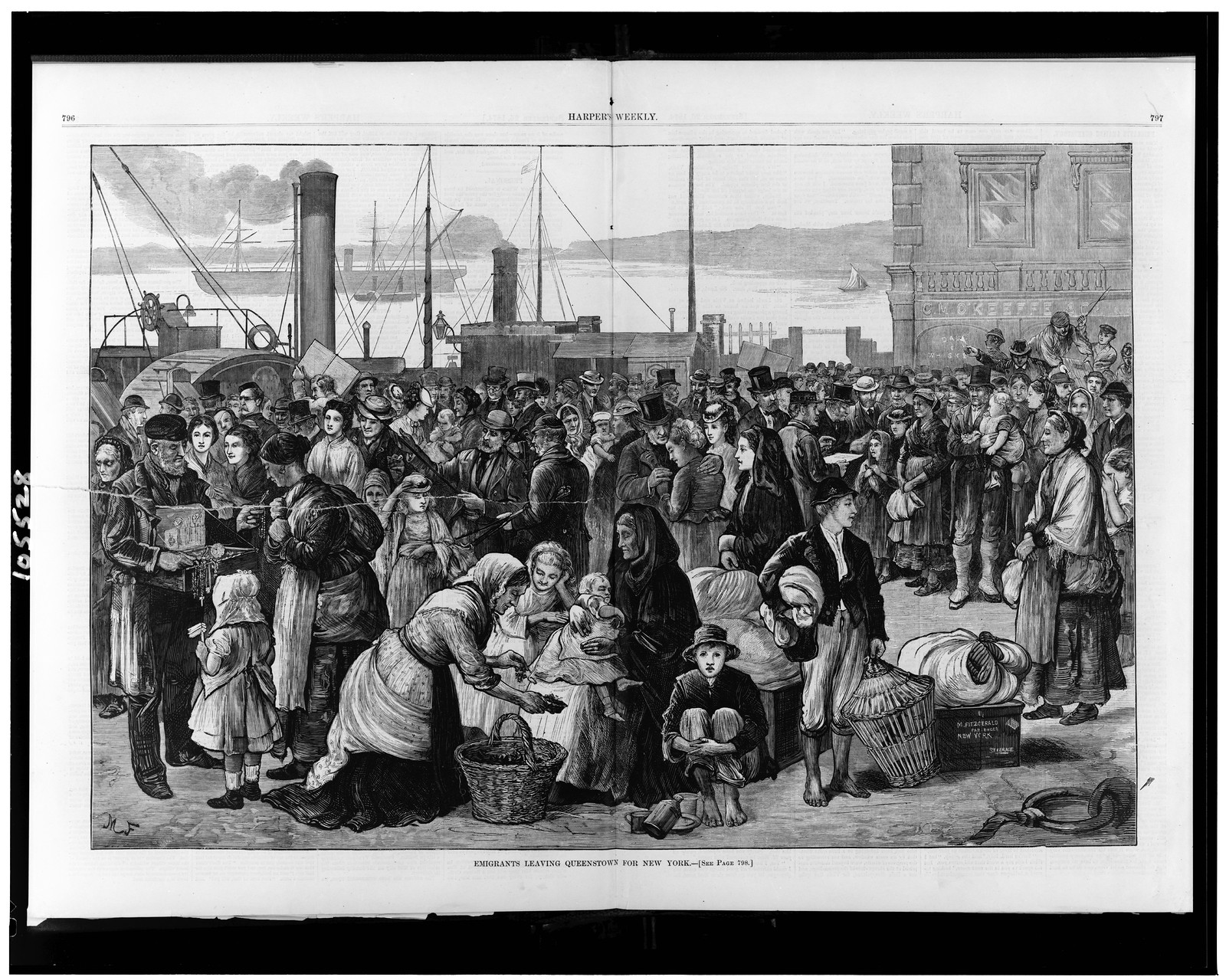 Emigrants leaving Queenstown for New York / M.F., [published 1874] — antique engraving
