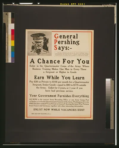 General Pershing says: -- A chance for you [...] earn while you learn [...] your government furnishes everything.