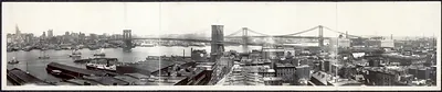 Panoramic black and white view of Manhattan and Brooklyn Bridge