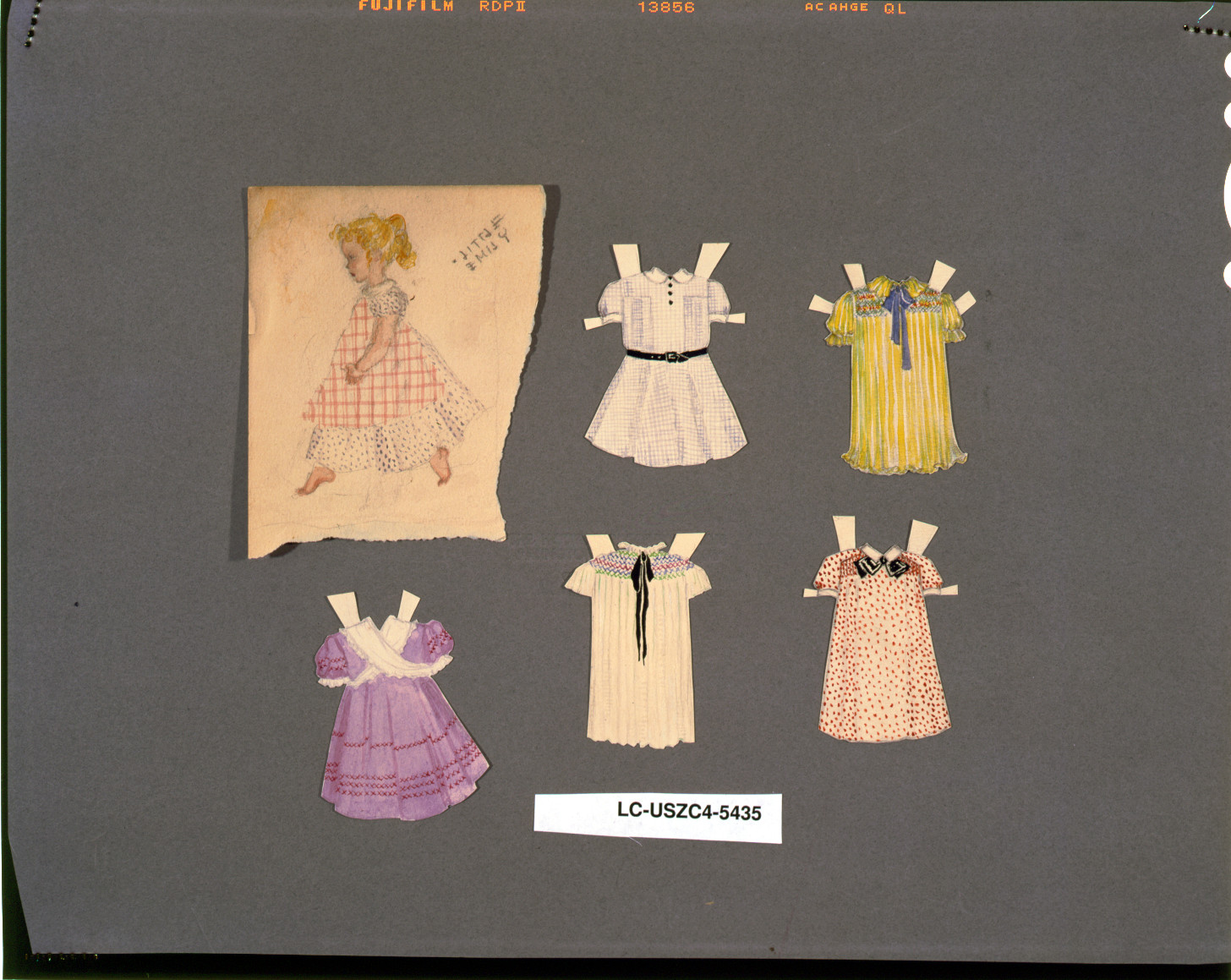 Paper doll sketch with cut-out children's dresses on gray — historic image