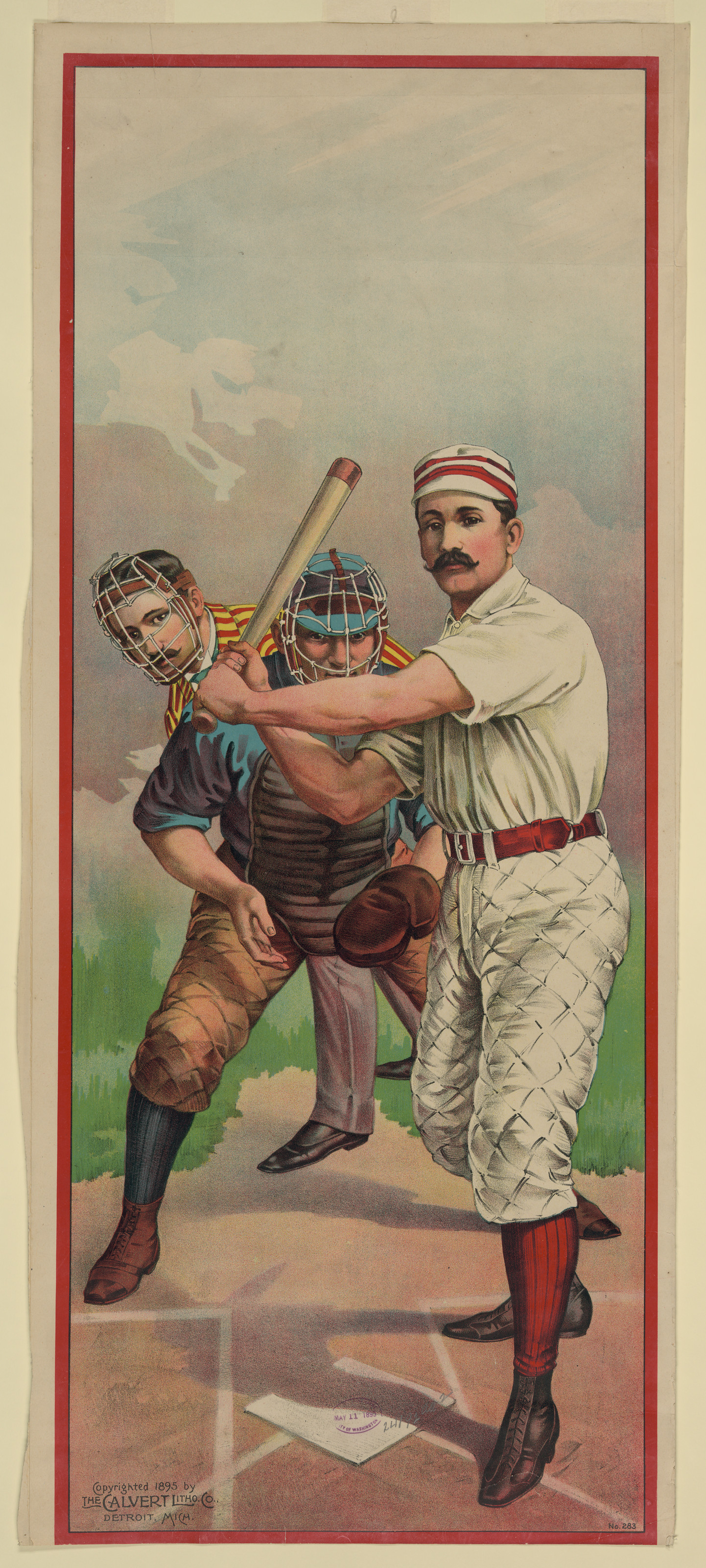 [Baseball player at bat, in front of catcher and umpire], Detroit, Mich. : Calvert Litho. Co., c1895. — antique lithograph