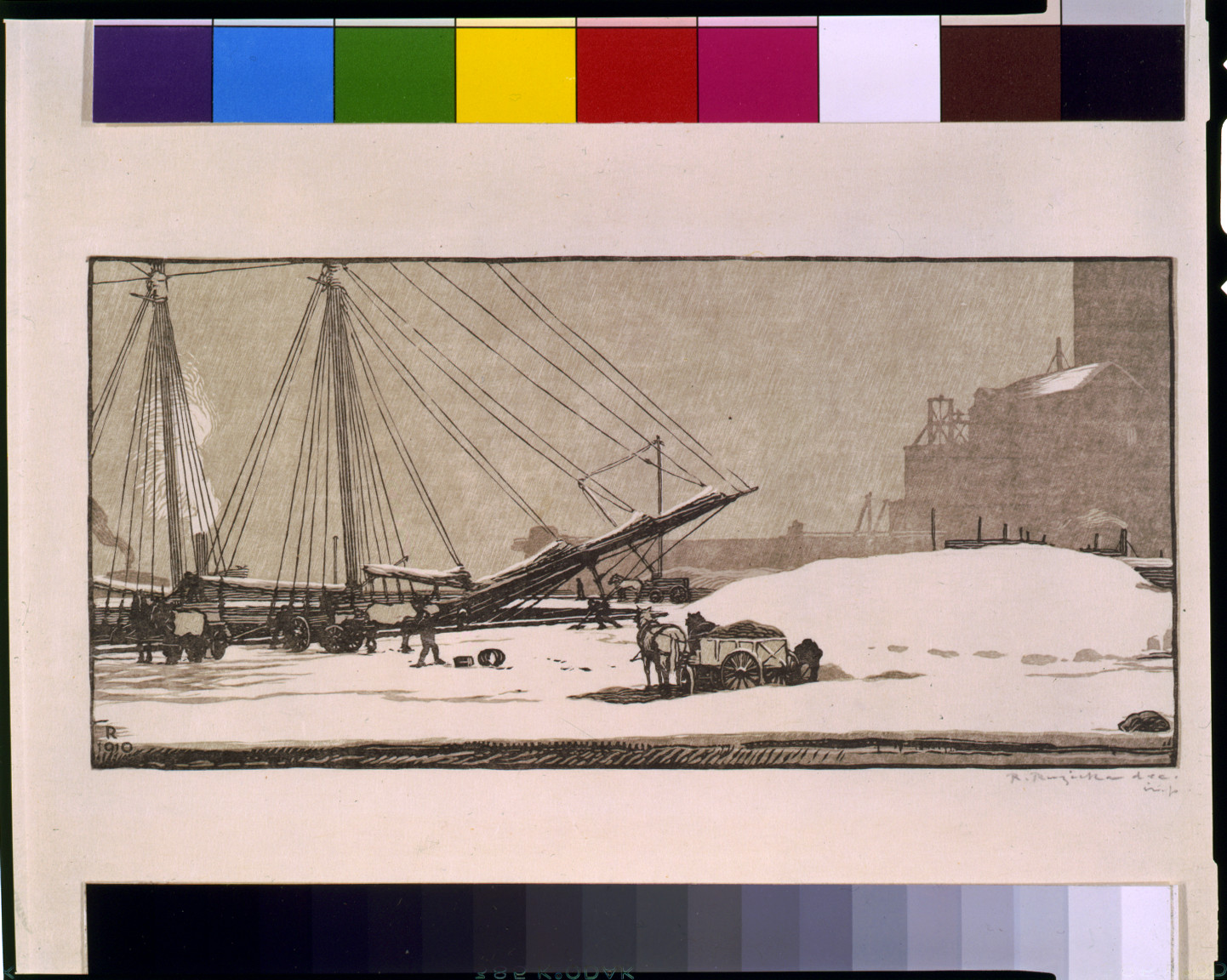 [East River, New York, winter] / R. Ruzicka, ... imp., 1910 — antique engraving