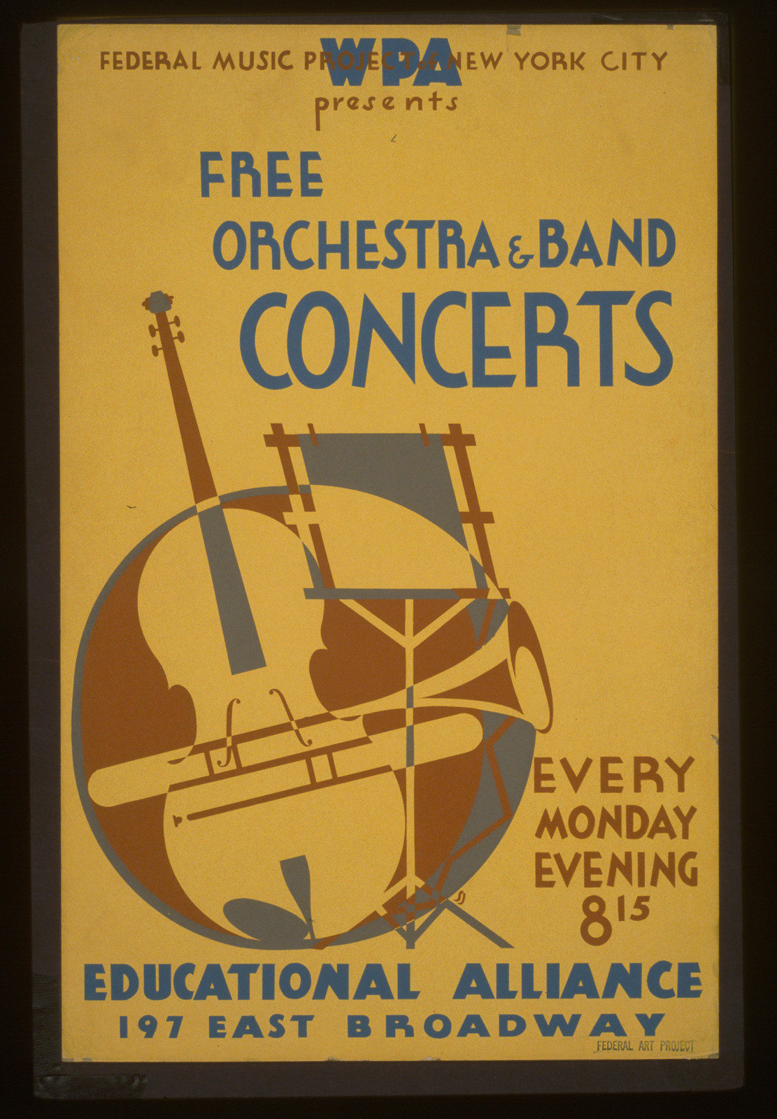WPA Federal Music Project of New York City presents free orchestra & band concerts Ed, 1936 — vintage poster