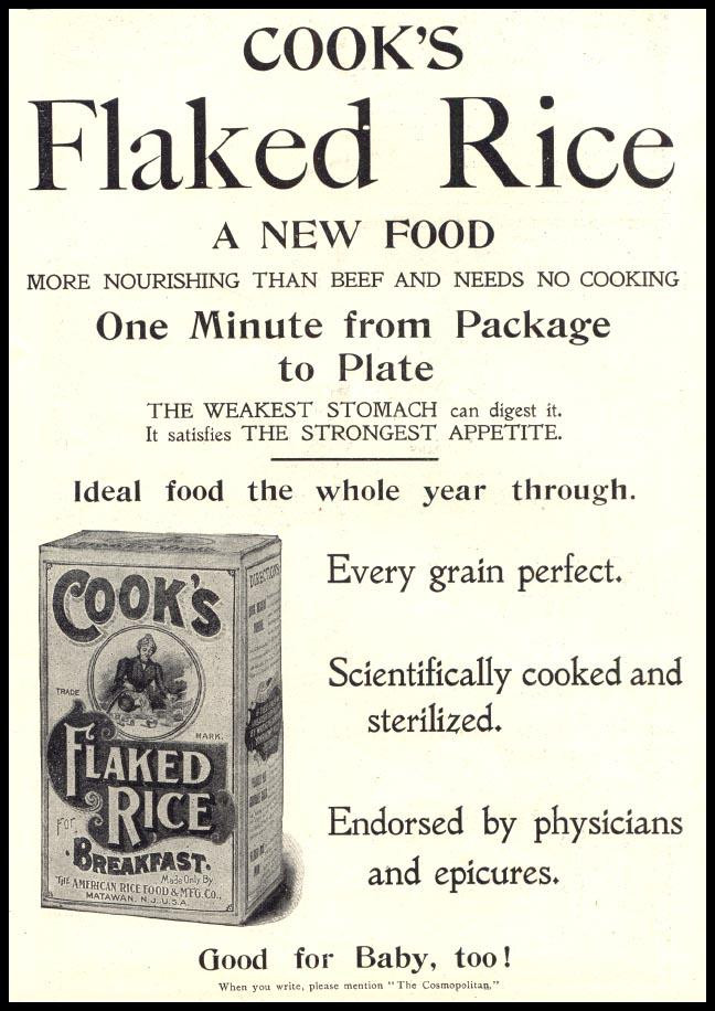 Cook's Flaked Rice advertisement, a new food — historic image