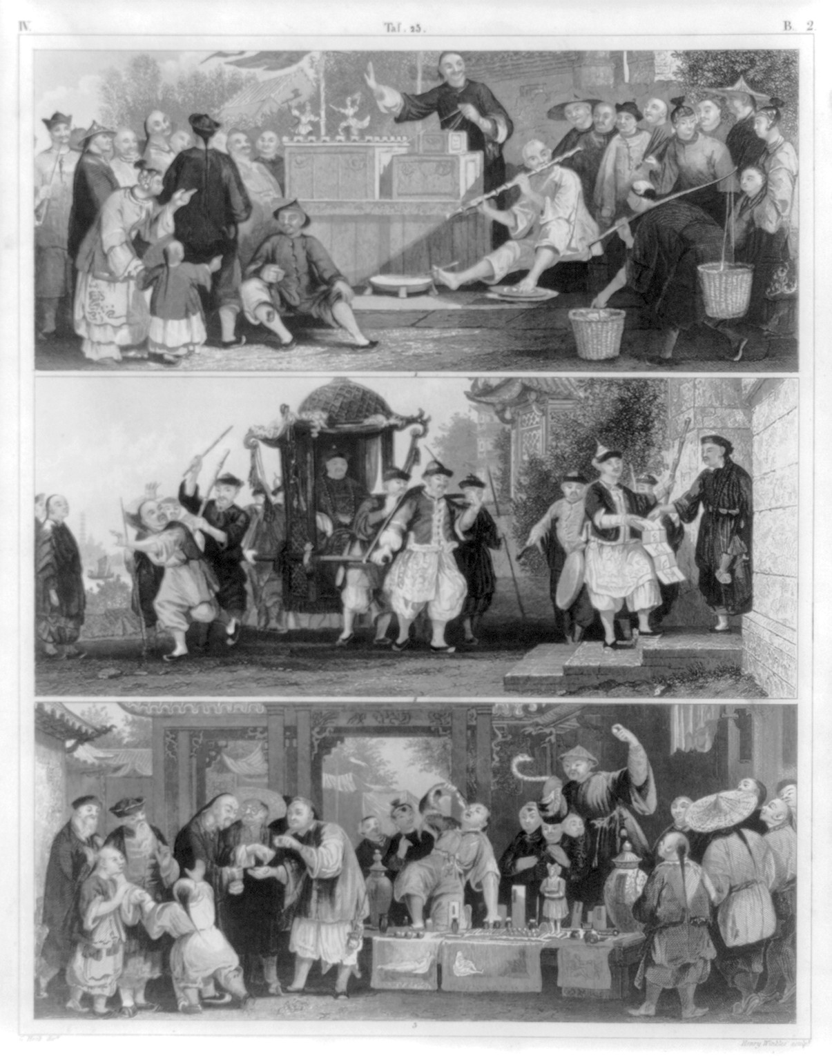 [Fig. 1 Chinese puppet-show; fig. 2 Chinese mandarin visiting; fig. 3 Chinese quack] — antique engraving