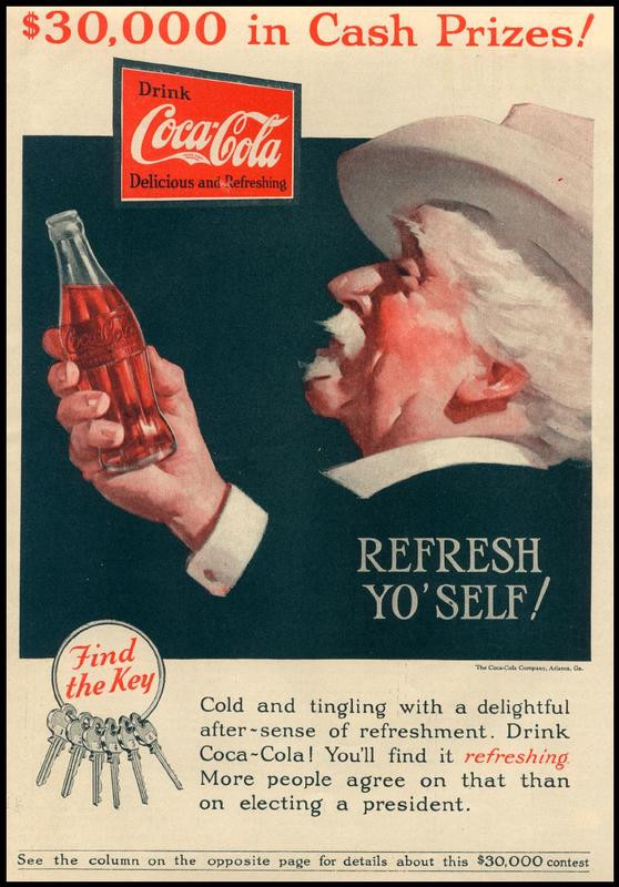 Coca-Cola advertisement: $30,000 cash prizes, Refresh Yo'self — historic image