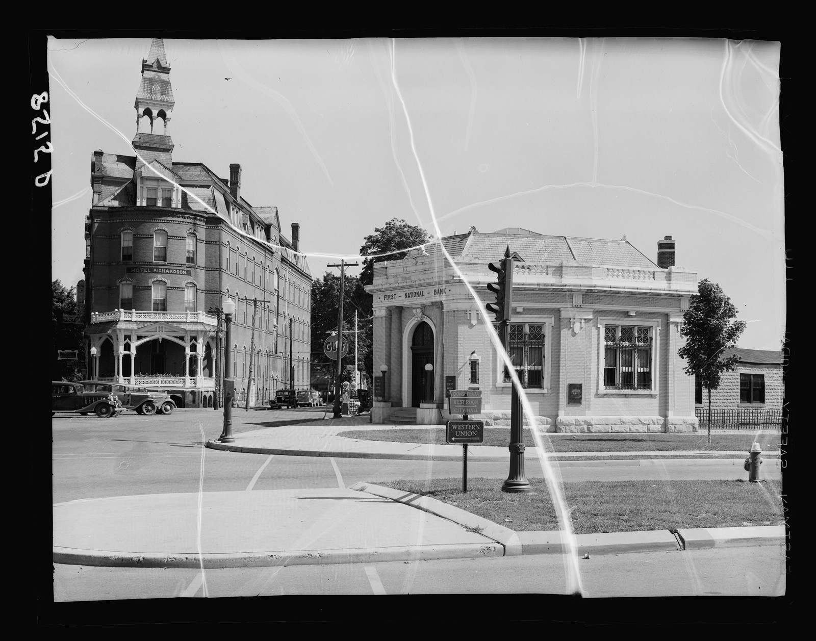 Victorian hotel and First National Bank street corner — historic image