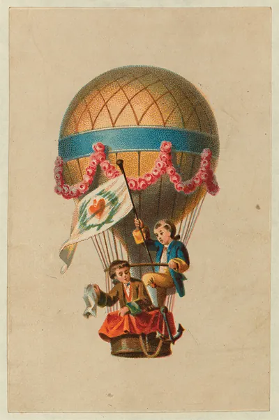 Chromolithograph card of two children in a hot air balloon
