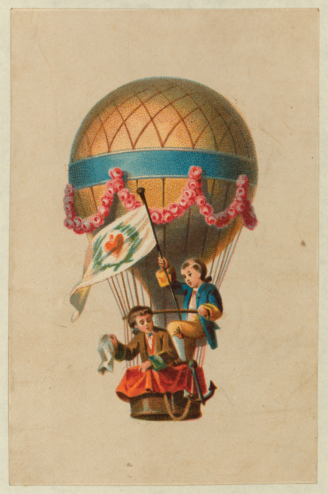 Chromolithograph card of two children in a hot air balloon — antique lithograph