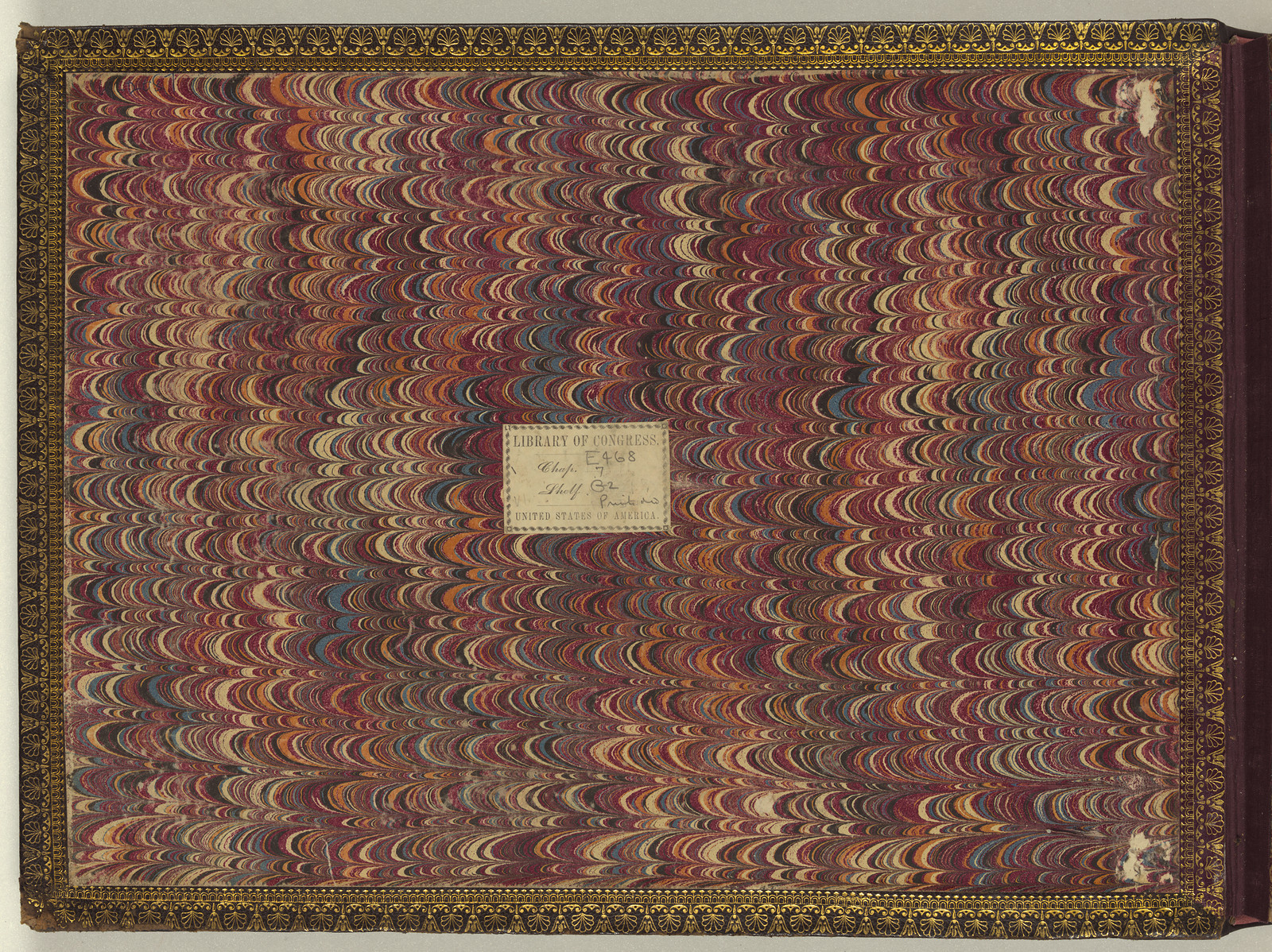 Marbled paper book cover with Library of Congress label — historic image