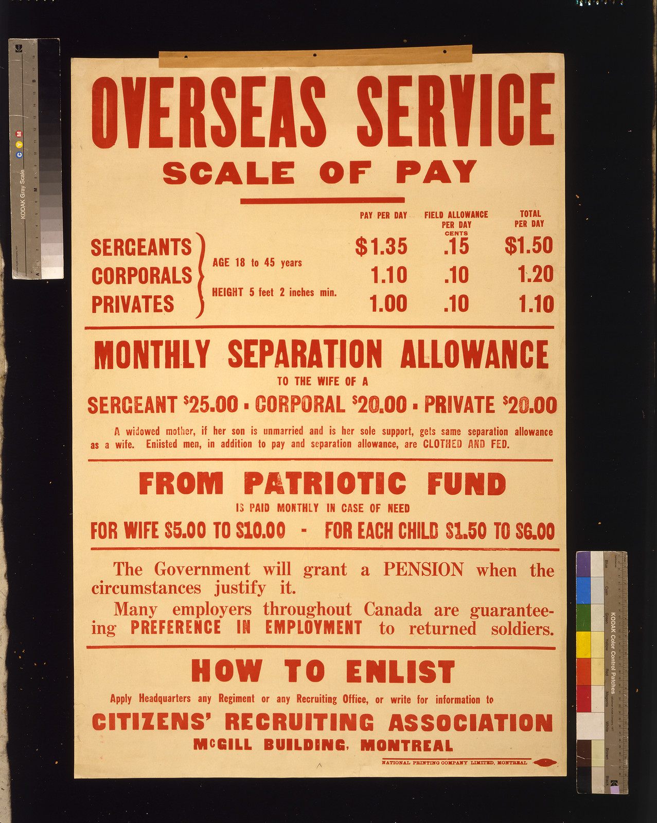Overseas service scale of pay [and] How to enlist, 1915 — vintage poster