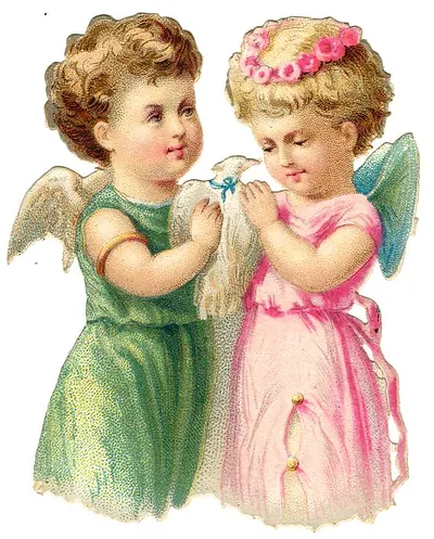 Two angels with a white dove, die-cut scrap