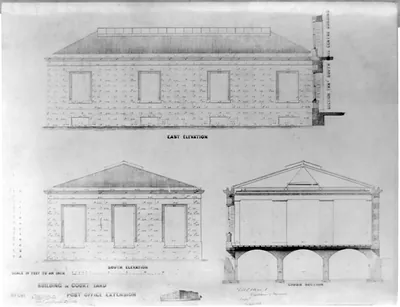 Building in courtyard, post office extension