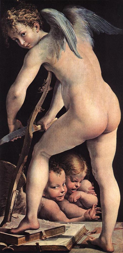 Winged Cupid carving a bow above two putti — historic image