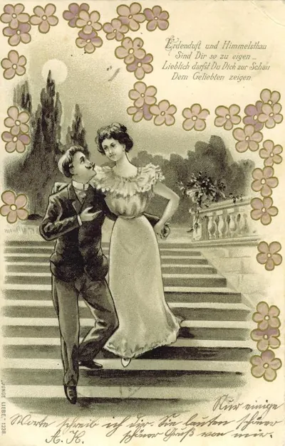 Embossed German postcard of a couple on stairs, with verse