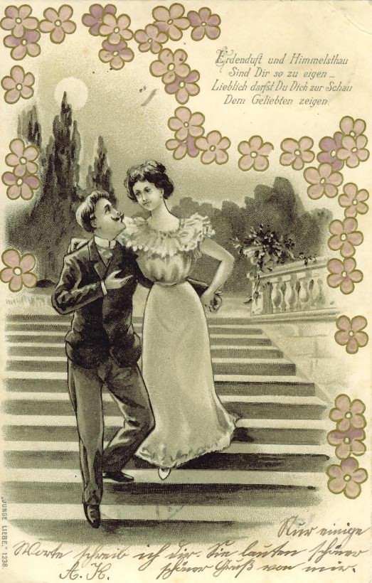 Embossed German postcard of a couple on stairs, with verse — vintage postcard