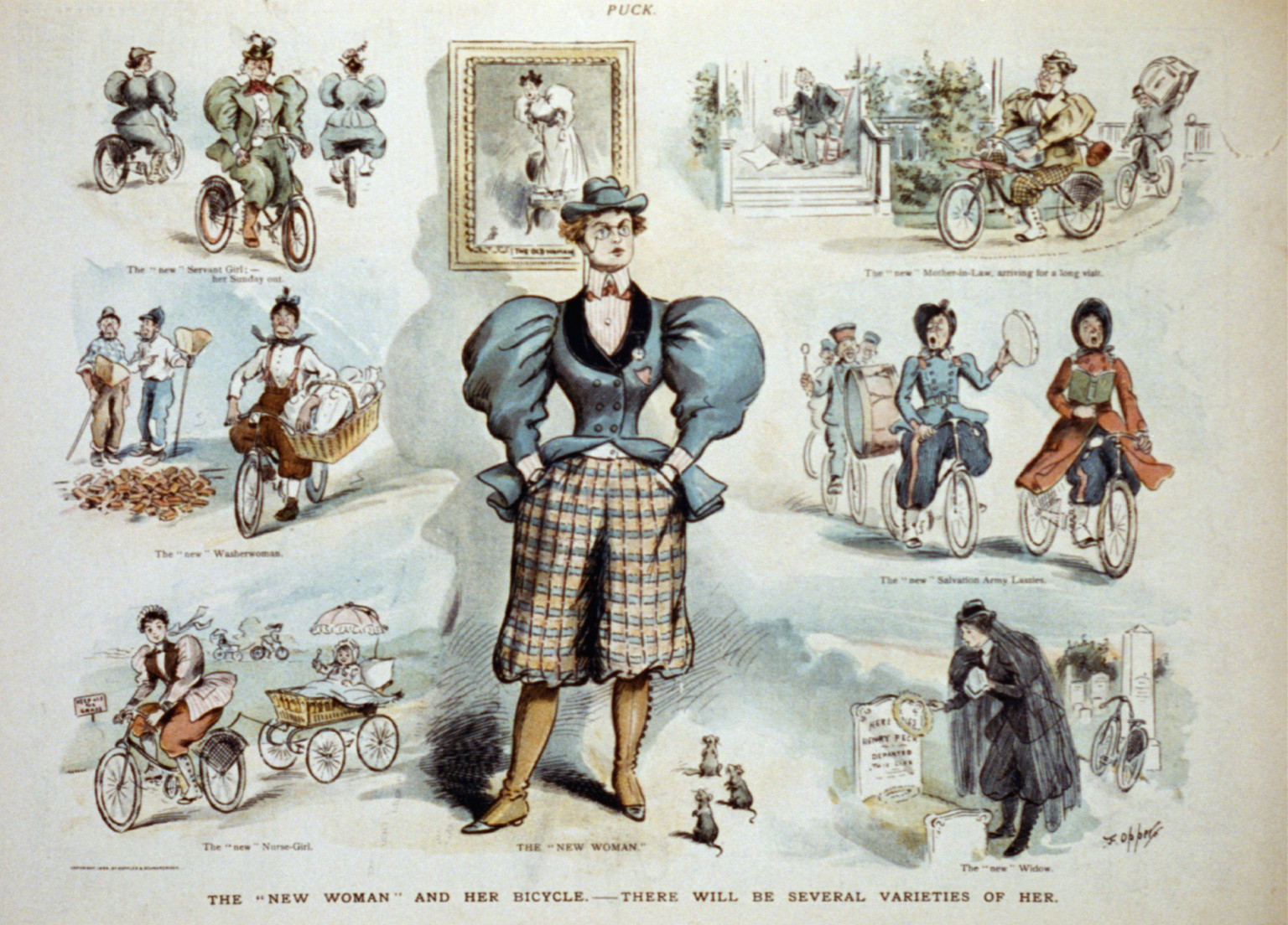 The new woman" and her bicycle - there will be several varieties of her", 1895 — historic print