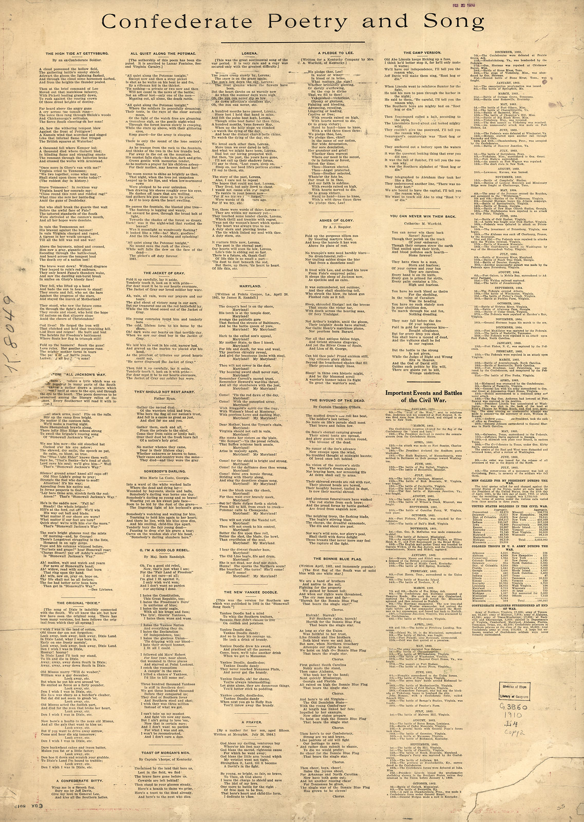Confederate Poetry and Song printed broadside with verses — historic print