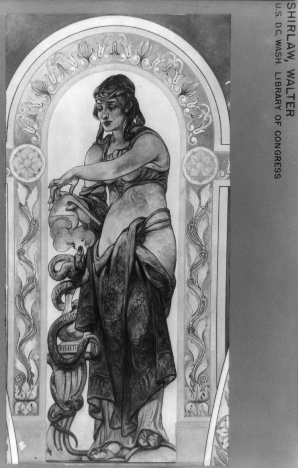 Painted allegorical female figure with serpents in an arched niche, 1850 — historic photograph