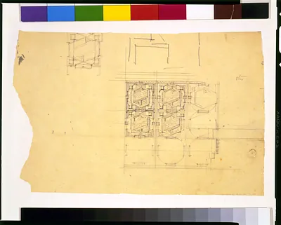 Pencil architectural plan sketch on yellowed paper