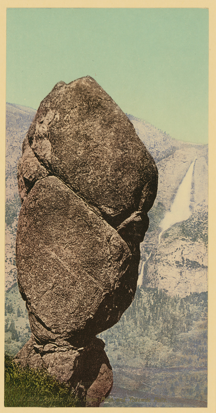 Balancing Rock with Yosemite Falls, hand-colored photochrome print — historic print