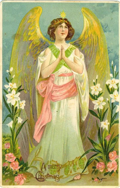 A Merry Christmas angel postcard with lilies
