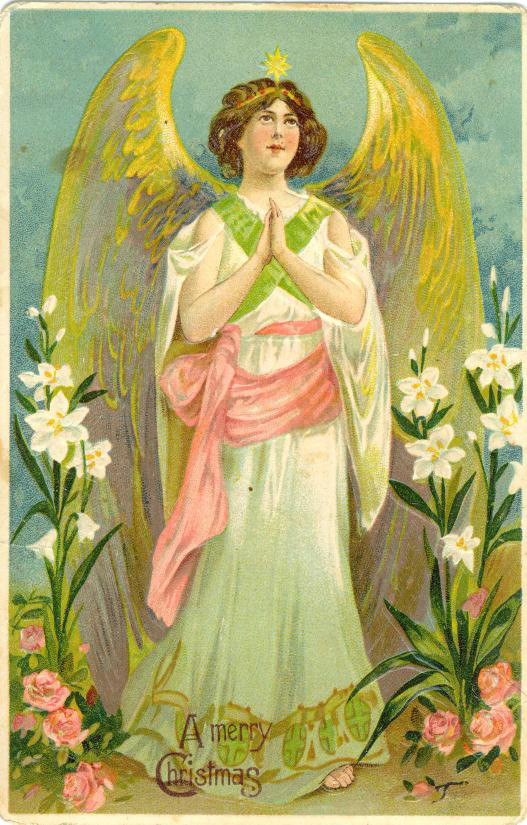 A Merry Christmas angel postcard with lilies — vintage postcard
