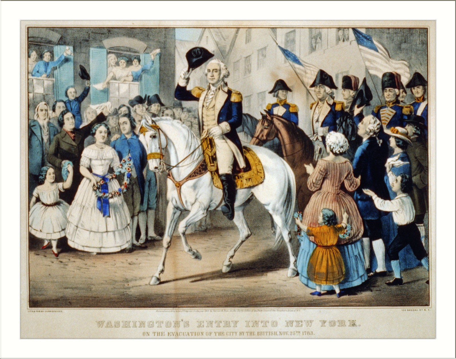 Washington's entry into New York: on the evacuation of the city by the British, Nov. 25th. 1783, New York : Published by Currier & Ives, c1857. — antique lithograph
