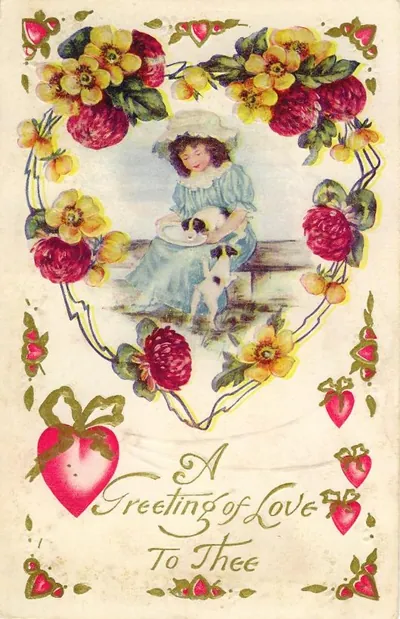 Valentine postcard: girl with dog, "A Greeting of Love To Thee