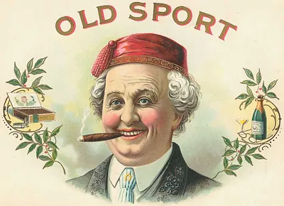 Old Sport cigar label with smiling gentleman in red cap