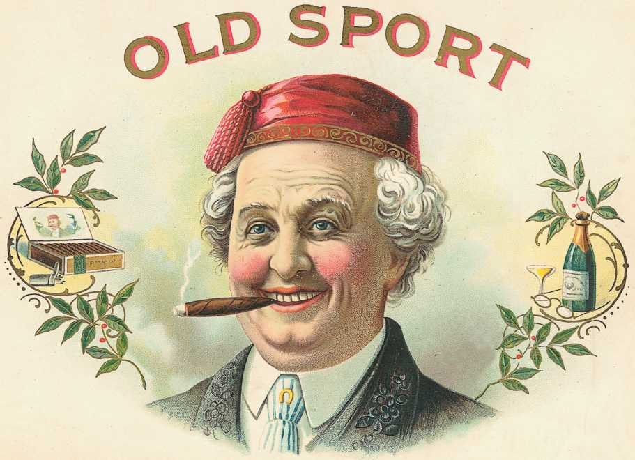 Old Sport cigar label with smiling gentleman in red cap — historic image