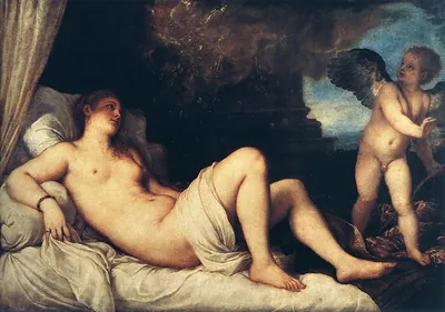 Reclining nude woman with Cupid, classical oil painting