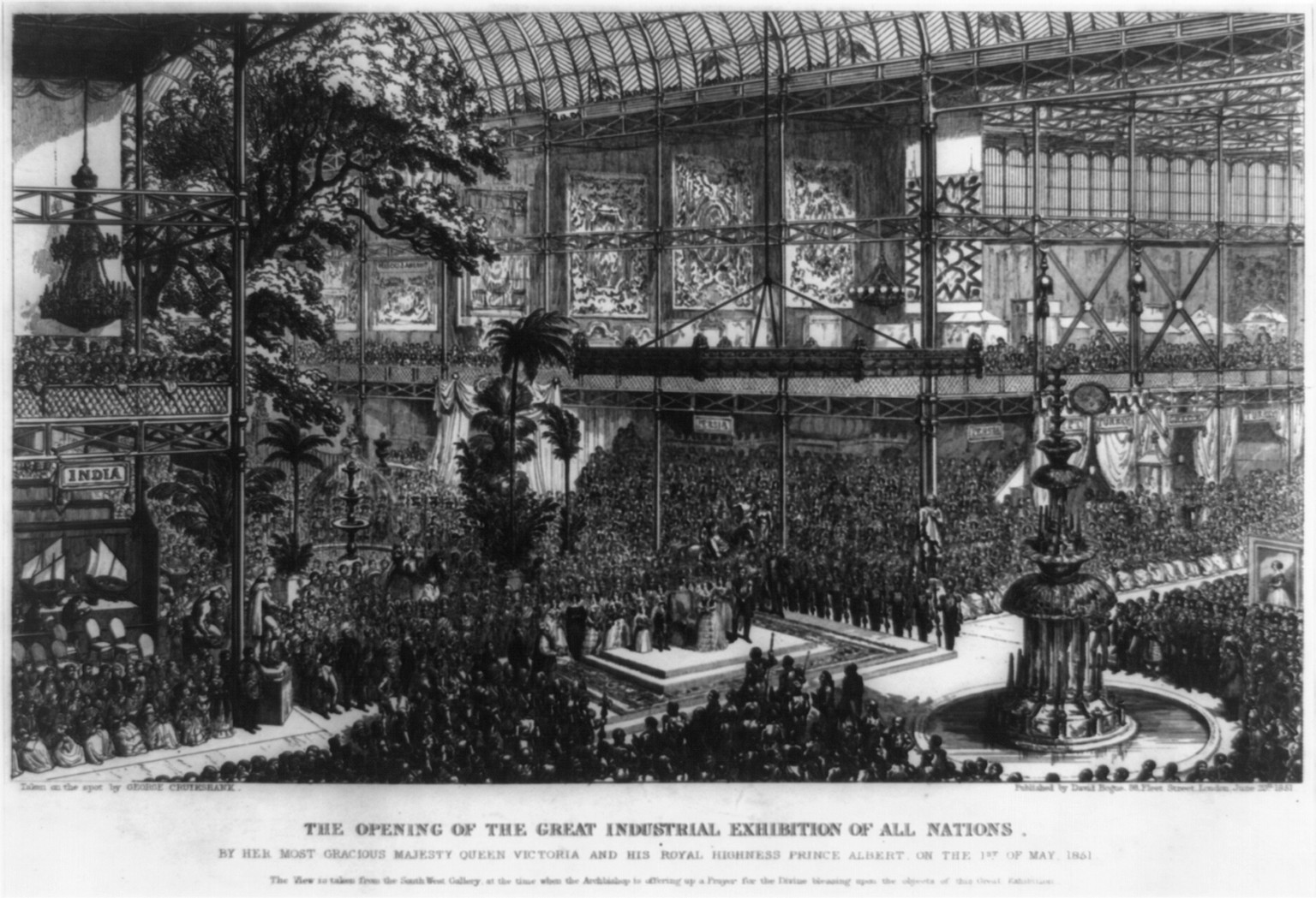 Opening of the Great Industrial Exhibition of all nations, by her most gracious majesty Queen Victoria and his royal highness Prince Albert, on the 1st of May, 1851 / taken on the spot by George Cruikshank., 1851 — antique engraving