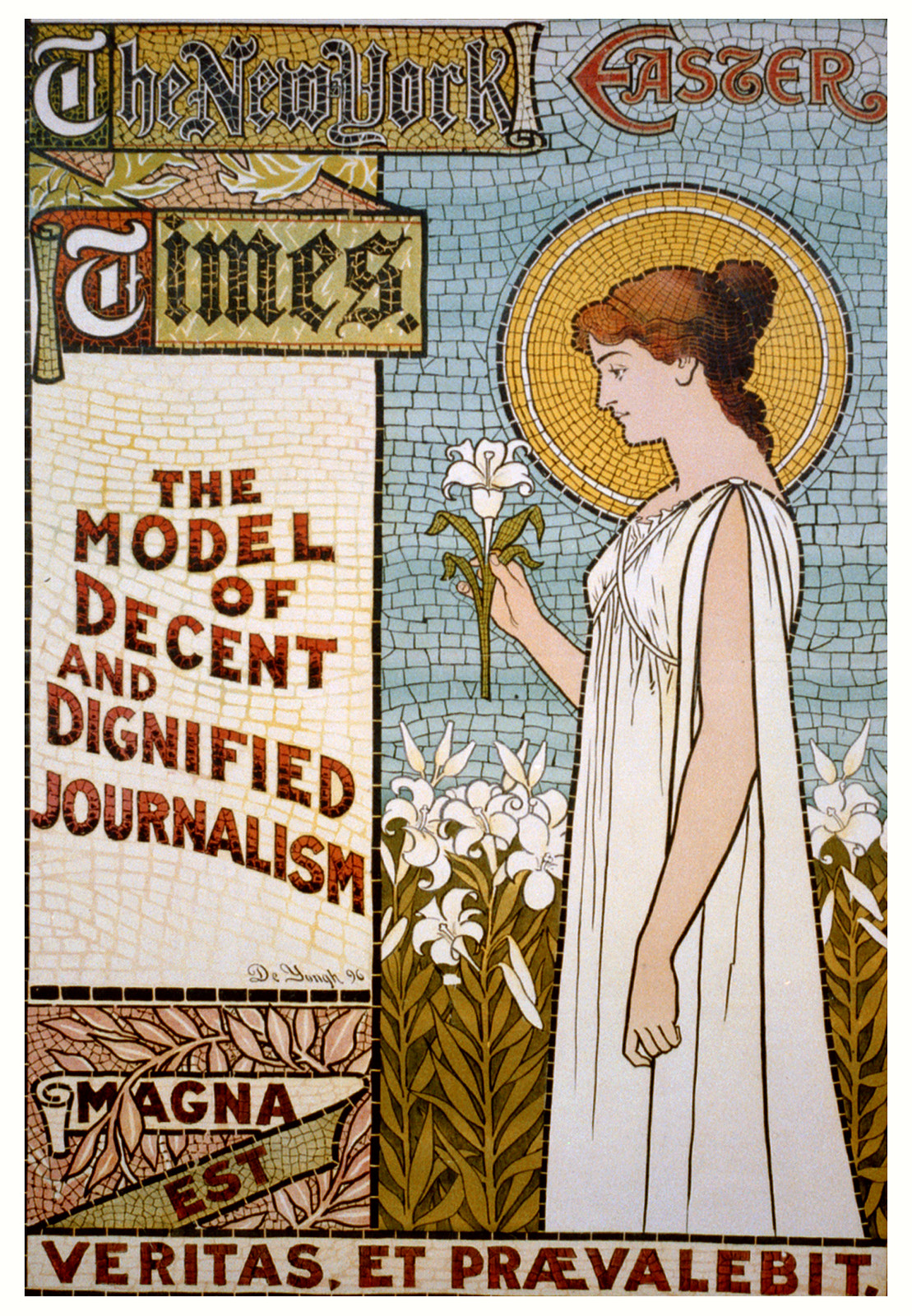 The New York Times. Easter. The model of decent and dignified journalism / De Yongh., New York : Lieber & Maass Lith., 1896. — vintage poster